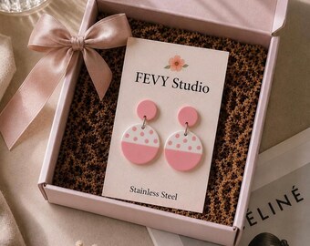 Pink and White Polymer Clay Earrings, Polka Dot Dangle Earrings, Lightweight Handmade Jewelry, Stainless Steel Earrings