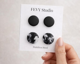 Matte Black Marble Stud Earrings Set, Minimalist Stainless Steel Jewelry
