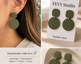 Olive Green Earrings, Moss Green Polymer Clay Earrings, Boho Dangle Earrings, Lightweight Handmade Jewelry, Minimalist Gift for Her