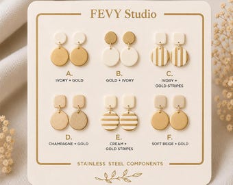Pendientes colgantes de arcilla polimérica color marfil y oro, hechos a mano / Joyería ligera de estilo bohemio.