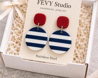 Nautical Stripe Polymer Clay Earrings, Navy Red Coastal Statement Jewelry