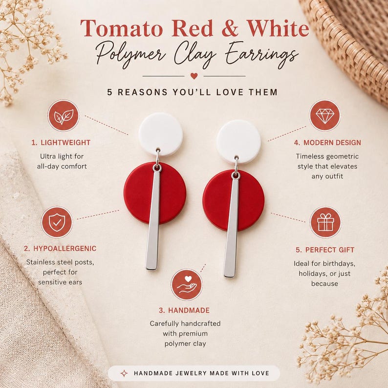 Puede incluir: Pendientes de arcilla polim&eacute;rica en color rojo tomate y blanco con una parte superior circular blanca, una base circular roja m&aacute;s grande y una barra vertical plateada. La imagen incluye texto que enumera cinco caracter&iacute;sticas del producto.
