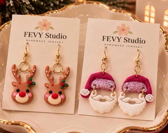 Conjunto de pendientes navideños, pendientes colgantes de arcilla polimérica con diseño de reno y Papá Noel, joyería navideña hecha a mano.