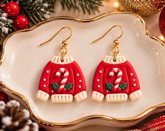 Pendientes de jersey navideño, joyería navideña hecha a mano con arcilla polimérica en forma de bastón de caramelo.