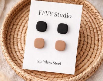 Minimalist Stud Earrings Set, Black & Nude Polymer Clay Earrings, Stainless Steel Posts,Neutral Jewelry Set, Gift for her