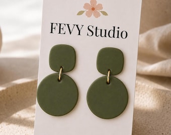 Olive Green Polymer Clay Earrings, Moss Green Statement Earrings, Lightweight Dangle Earrings, Minimalist Boho Jewelry for Women