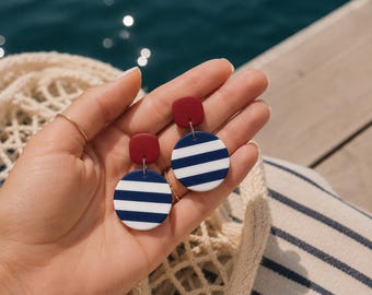 Navy Stripe Statement Earrings, Coastal Chic Polymer Clay Jewelry
