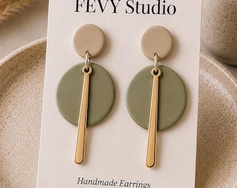 Sage Green Geometric Polymer Clay Earrings, Minimalist Gold Bar Dangle