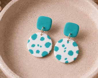 Turquoise Cow Print Earrings, Western Cowgirl Jewelry, Handmade Polymer Clay Statement Earrings