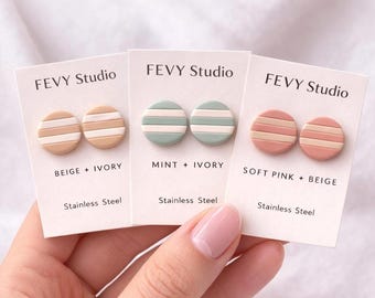 Set of 3 - Matte Polymer Clay Stud Earrings – Neutral Trio, Minimalist Everyday Jewelry