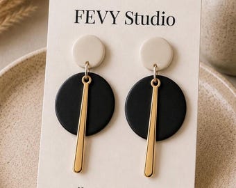 Black White Statement Earrings, Modern Geometric Dangle Earrings, Handmade Polymer Clay Jewelry, Gold Accent Earrings, Minimalist Gift for