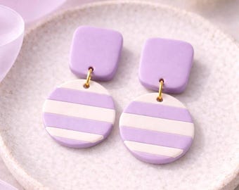 Lilac Striped Dangle Earrings | Modern Classic Polymer Clay Jewelry