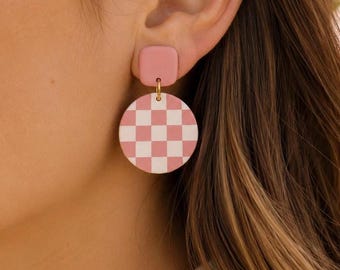 Pink Checkered Earrings, Pink and White Polymer Clay Earrings, Handmade Statement Earrings, Boho Dangle Jewelry, Gift for Her