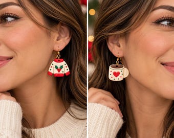 Pendientes con diseño de suéter navideño feo, joyería navideña hecha a mano en arcilla polimérica, colgantes festivos en rojo y crema.