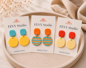 Color Block Polymer Clay Earrings | Choose 1 Pair or Set of 3 | Lightweight Statement Earrings | Stainless Steel Posts | Handmade Earrings