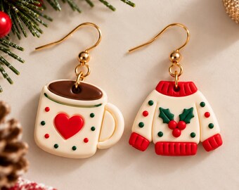 Pendientes navideños asimétricos, taza de chocolate caliente y suéter, joyería navideña hecha a mano con arcilla polimérica.