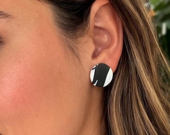 Black and White Stud Earrings, Polymer Clay Earrings, Minimalist Earrings, Abstract Earrings, Neutral Studs, Stainless Steel Post