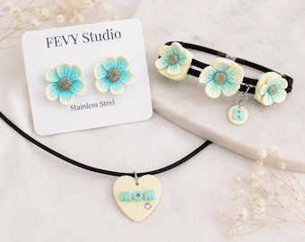 Gepersonaliseerde sieradenset voor vrouwen, handgemaakte bloem oorbellen armband en ketting set, aangepaste naamketting, polymeerklei sieraden cadeau