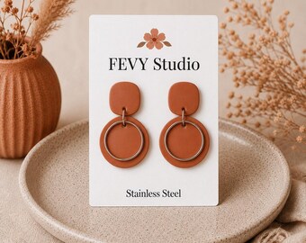 Pendientes de arcilla de terracota, pendientes geométricos modernos, pendientes colgantes de acero inoxidable, pendientes minimalistas llamativos, arcilla polimérica hecha a mano.