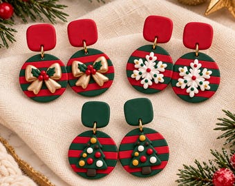 Conjunto de pendientes navideños de arcilla polimérica, 3 pares para compañeras de trabajo y mejores amigas.
