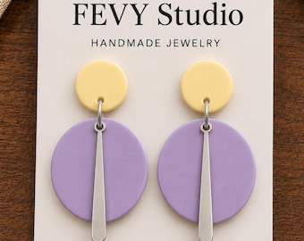 Pastel Polymer Clay Earrings, Butter Yellow Lilac Dangle Earrings, Lightweight Handmade Earrings, Stainless Steel Jewelry Gift