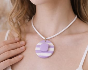 Lilac Striped Pendant Necklace, Polymer Clay Necklace, Minimalist Boho Jewelry, White Cord Necklace, Handmade Gift for Her, Modern Clay