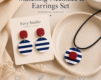 Nautical Polymer Clay Jewelry Set, Navy Blue White Red Stripes Necklace Earrings