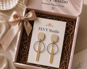 Unique Beige Gold Statement Earrings, Personalized Style Jewelry, One of a Kind Outfit Accessories