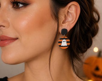 Halloween Ghost Earrings, Spooky Orange & Black Dangle Earrings, Handmade Polymer Clay Jewelry, Halloween Gift for Her