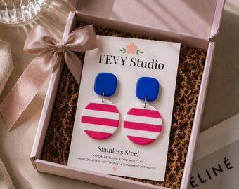 Pendientes llamativos azules y rosas, pendientes de arcilla polimérica atrevidos, pendientes colgantes azul eléctrico, pendientes a rayas fucsia, joyería colorida