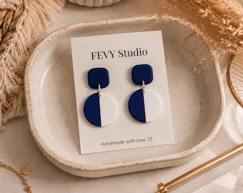 Navy Blue White Geometric Clay Earrings | Minimalist Modern Statement Dangles