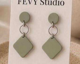 Sage Green Polymer Clay Earrings, Minimalist Dangle Earrings, Stainless Steel Earrings, Lightweight Handmade Earrings, Modern Geometric