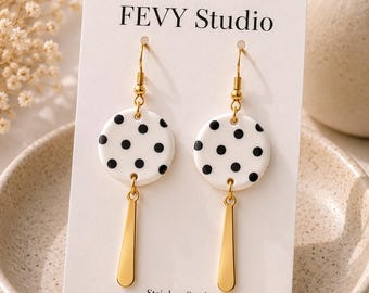 Black and White Polka Dot Earrings | Handmade Polymer Clay Dangle Earrings | Lightweight Statement Earrings | Gold Stainless Steel Hooks