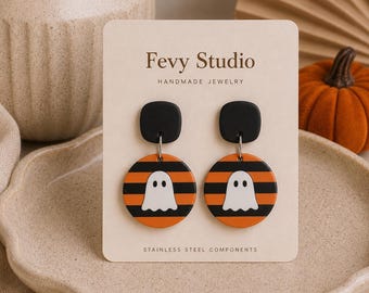 Handmade Halloween Ghost Earrings, Orange Black Stripe Dangle Jewelry