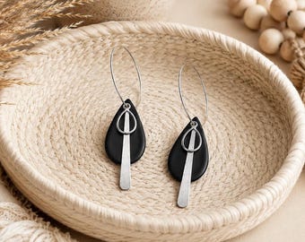 Black Teardrop Polymer Clay Earrings, Modern Silver Hoop Minimalist Jewelry