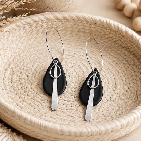 Black Teardrop Polymer Clay Earrings, Modern Silver Hoop Minimalist Jewelry