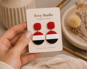 Pendientes modernos de arcilla polimérica con bloques de color / Joyería colgante retro en rojo, blanco y negro