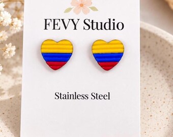 Colombia Heart Earrings, Colombian Flag Earrings, Handmade Polymer Clay Studs, Colombian Jewelry, Colombia Gift, Latina Gift, Heart Stud