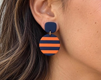 Navy Blue and Burnt Orange Statement Earrings, Handmade Striped Dangle Earrings, Bold Colorful Jewelry