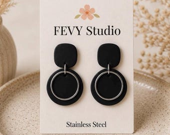 Pendientes negros llamativos para mujer, pendientes de arcilla polimérica, pendientes colgantes de acero inoxidable, pendientes geométricos modernos, ligeros y hechos a mano.