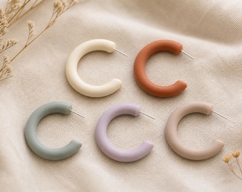 Polymer Clay Hoop Earrings Handmade • Chunky Small Hoops 1.5 inch • Boho Clay Earrings • Neutral Aesthetic Earrings • Gift for Her • Minimal