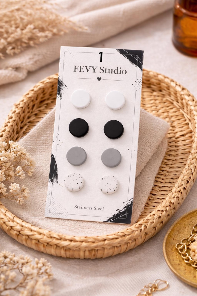Polymer Clay Stud Earrings Set, Stainless Steel Posts, Minimalist Studs Pack, Neutral Pastel Color Earrings, Everyday Earring image 6