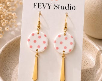 Pink Polka Dot Earrings, Polymer Clay Dangle Earrings, White Statement Earrings, Handmade Pink Earrings, Gold Stainless Steel Earrings, Gift