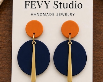 Navy Blue & Burnt Orange Statement Earrings | Handmade Polymer Clay Dangle Earrings | Lightweight Gold Stainless Steel Earrings