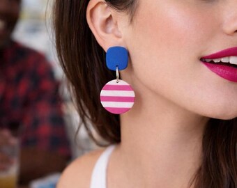 Coastal Chic Earrings, Handmade Striped Polymer Clay Dangles, Lightweight Summer Jewelry, Bold Statement Earrings for Women