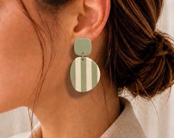 Sage Green Striped Polymer Clay Earrings | Lightweight Modern Dangle Jewelry