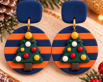 Christmas Tree Earrings, Navy Blue and Orange Holiday Earrings, Coworker Gift, Best Friend Christmas Gift