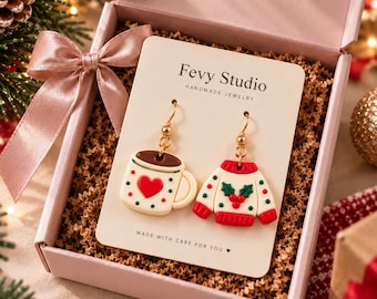 Regalo de Navidad para ella, pendientes navideños de arcilla polimérica hechos a mano, linda joyería navideña con diseño de suéter.