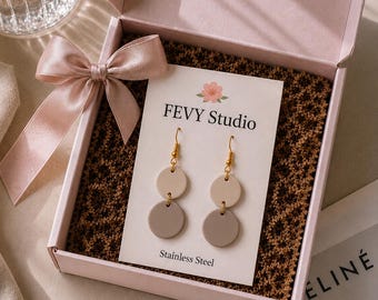 Beige Double Circle Earrings, Neutral Polymer Clay Earrings, Lightweight Dangle Earrings, Minimalist Boho Jewelry for Women