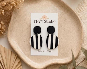 Black White Striped Polymer Clay Earrings | Modern Minimalist Dangle Earrings | Lightweight Statement Jewelry | Stainless Steel Posts | Gift